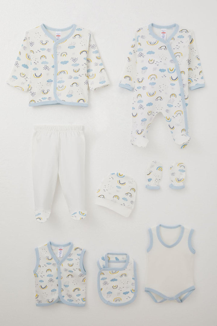 BRE Breeze Baby Boy Hospital Outfit 8 Piece Sky Themed Cloud Patterned 0-3 Months, White - University City