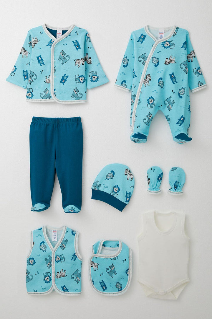 BRE Breeze Baby Boy Hospital Outfit 8 Pieces Cute Animals Patterned 0-3 Months, Blue - Cuernavaca