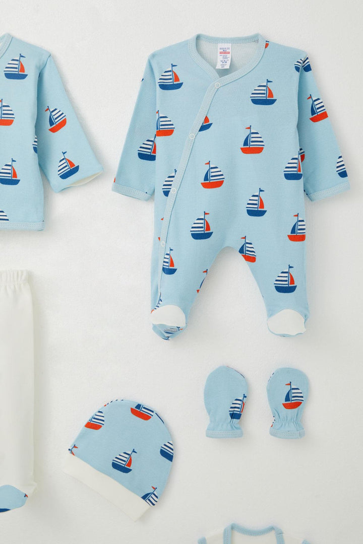 BRE Breeze Baby Boy Hospital Outfit 8 Piece Sailboat Pattern 0-3 Months, Light Blue - Manteca