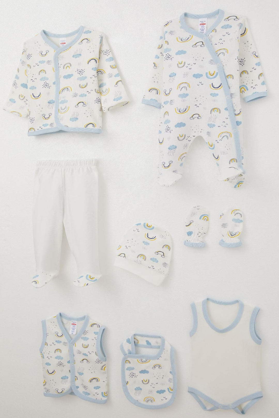 BRE Breeze Baby Boy Hospital Outfit 8 Piece Sky Themed Cloud Patterned 0-3 Months, White - University City