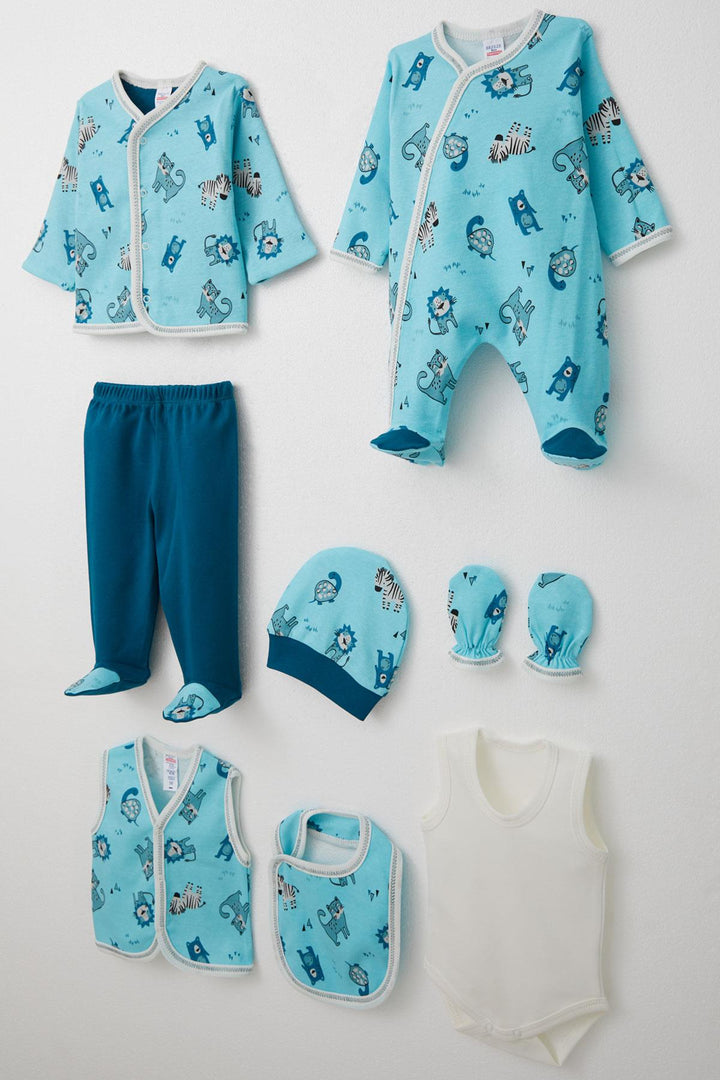 BRE Breeze Baby Boy Hospital Outfit 8 Pieces Cute Animals Patterned 0-3 Months, Blue - Cuernavaca