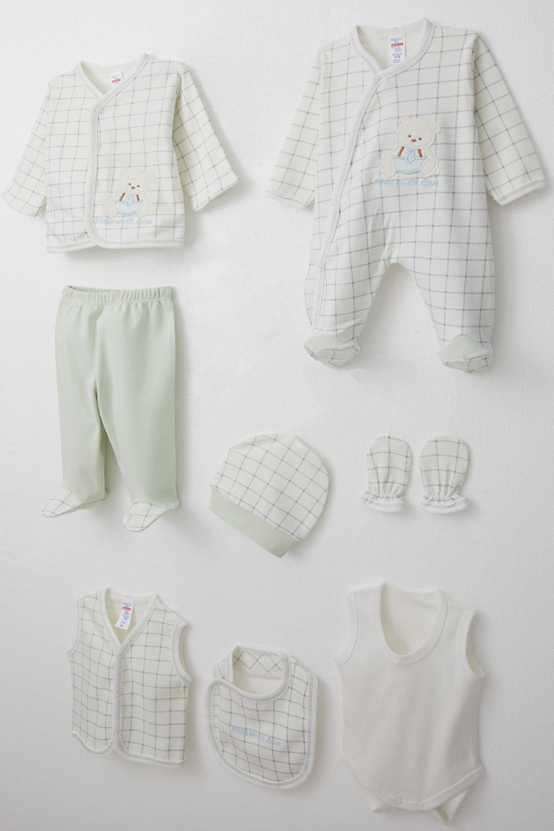 BRE Breeze Baby Boy Hospital Outfit 8-Piece Set with Cute Bear Embroidery Square Pattern 0-3 Months, Ecru - Schagen