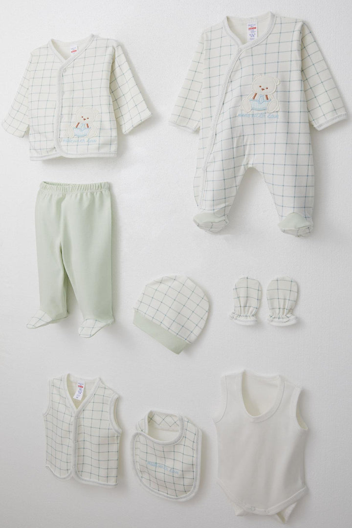 BRE Breeze Baby Boy Hospital Outfit 8-Piece Set with Cute Bear Embroidery Square Pattern 0-3 Months, Ecru - Schagen