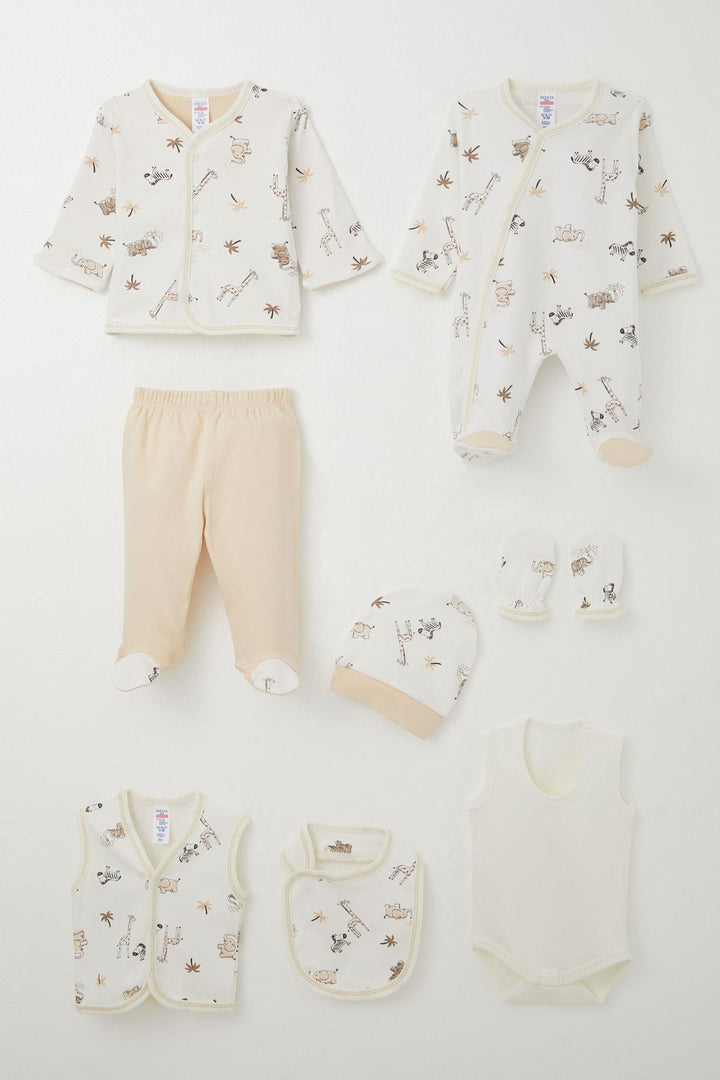 BRE Breeze Baby Boy Hospital Outfit 8 Pieces Palm Tree with Cute Animals Pattern 0-3 Months, Ecru - Xalapa