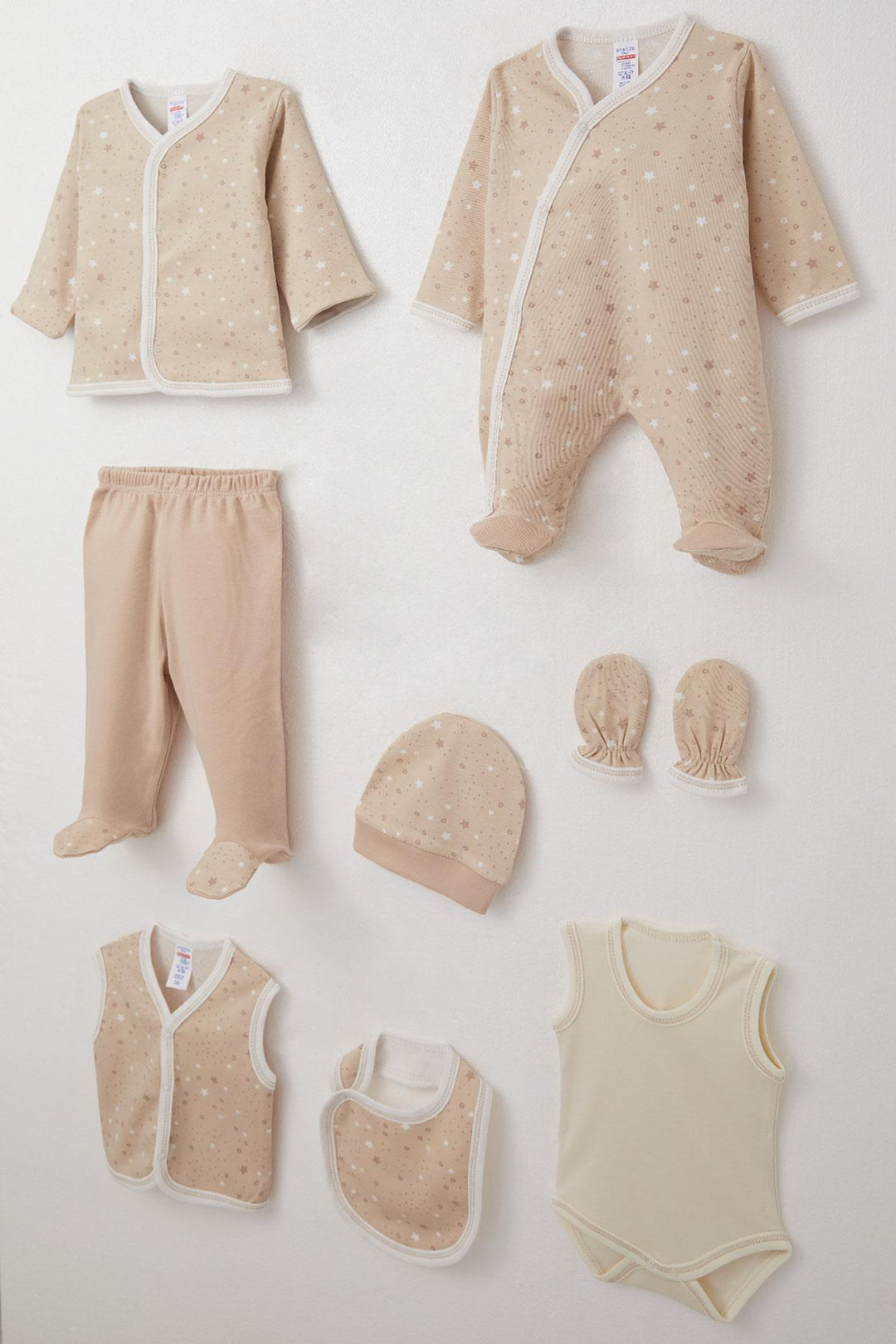 BRE Breeze Baby Boy 8 Piece Hospital Outfit Star Patterned 0-3 Months, Beige - Esposende