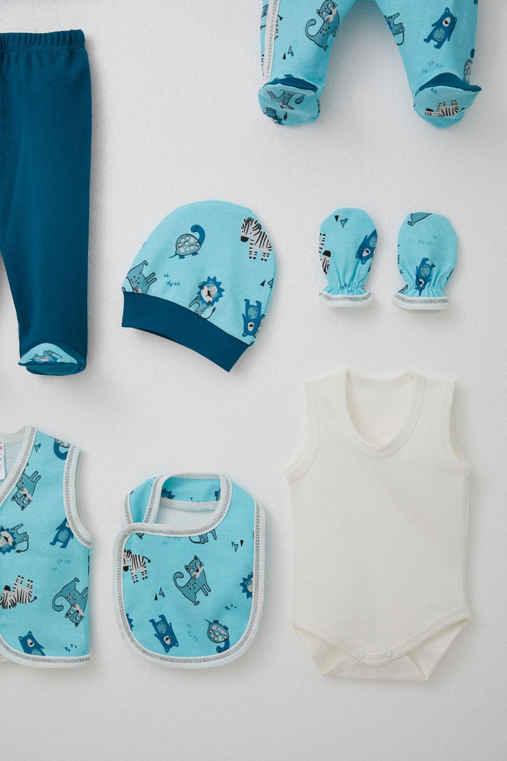 BRE Breeze Baby Boy Hospital Outfit 8 Pieces Cute Animals Patterned 0-3 Months, Blue - Cuernavaca