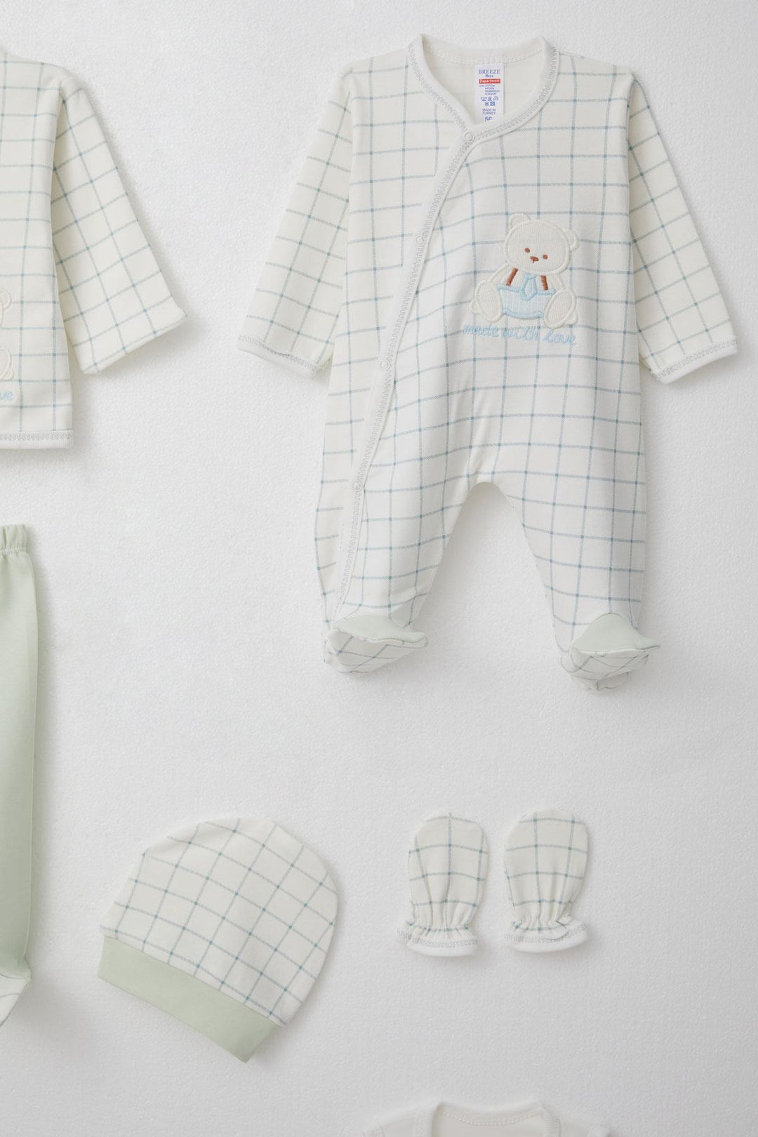 BRE Breeze Baby Boy Hospital Outfit 8-Piece Set with Cute Bear Embroidery Square Pattern 0-3 Months, Ecru - Schagen