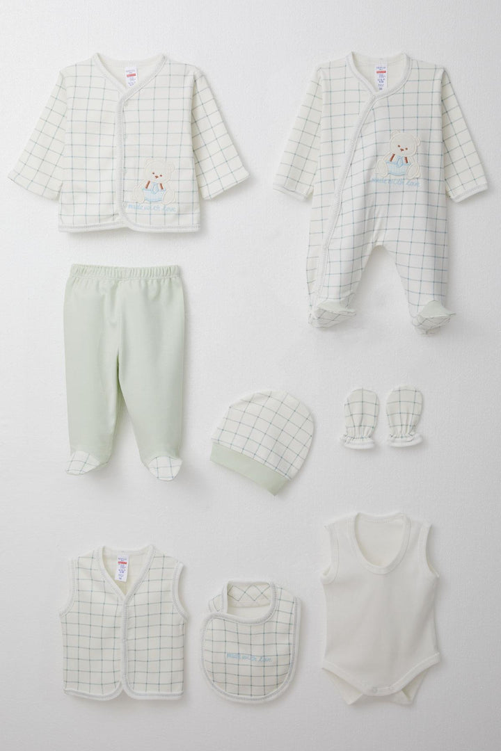 BRE Breeze Baby Boy Hospital Outfit 8-Piece Set with Cute Bear Embroidery Square Pattern 0-3 Months, Ecru - Schagen