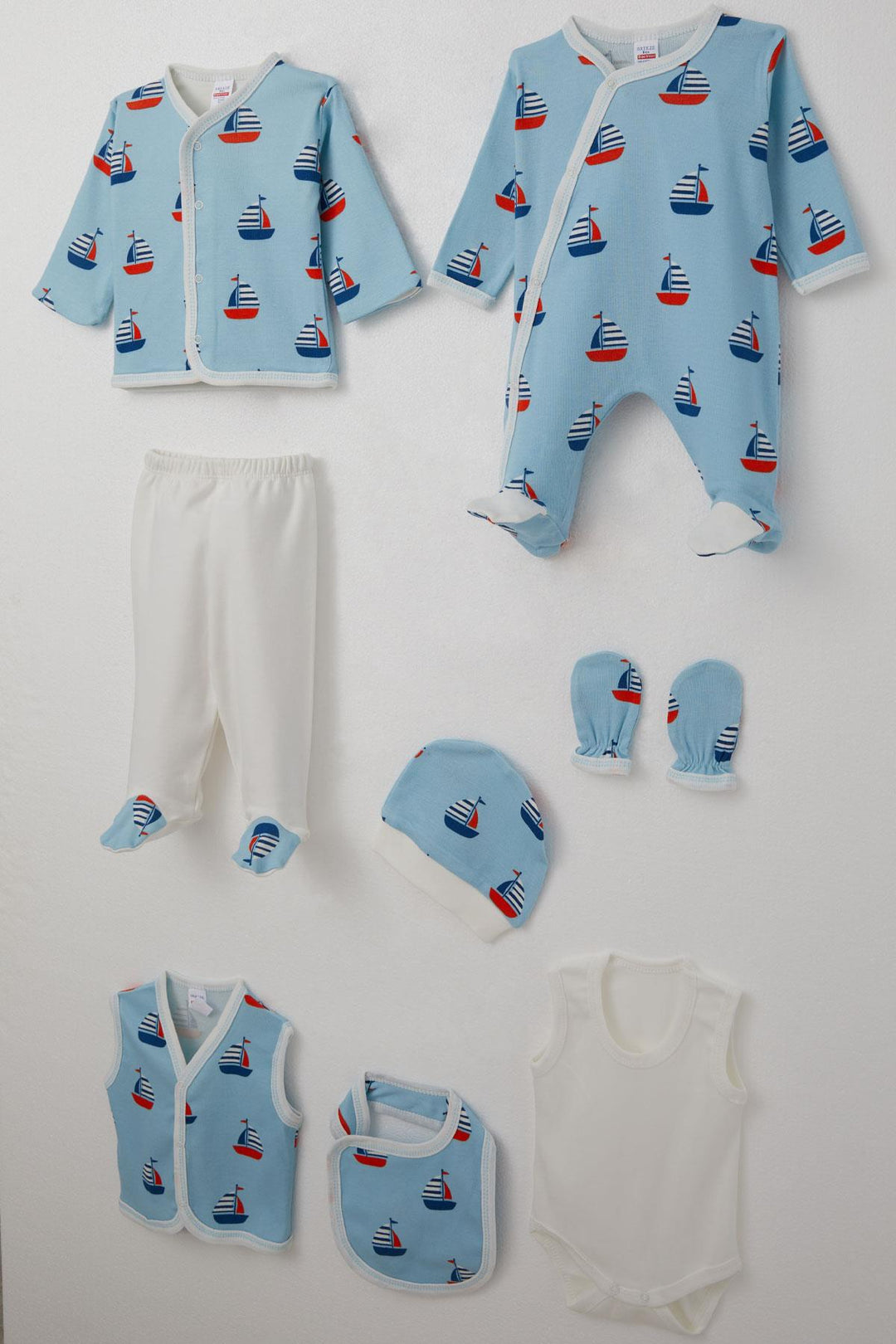 BRE Breeze Baby Boy Hospital Outfit 8 Piece Sailboat Pattern 0-3 Months, Light Blue - Vienna