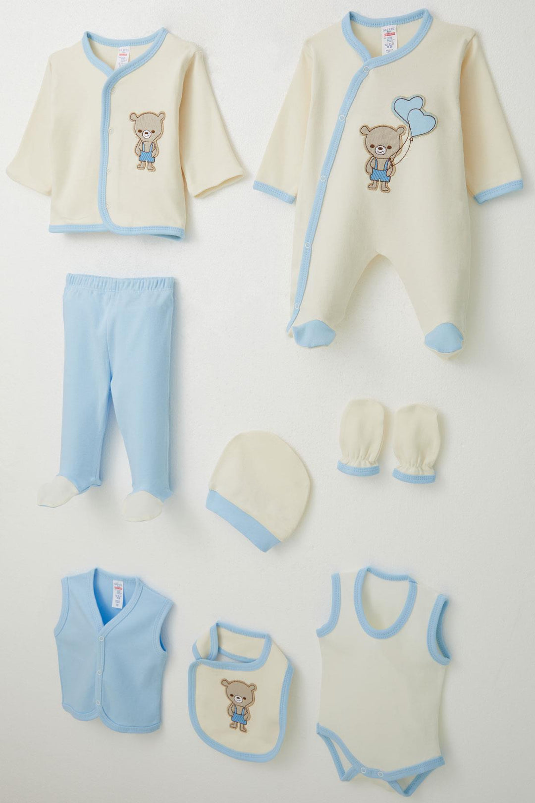 BRE Breeze Baby Boy Hospital Outfit 8-Piece with Cute Bear Embroidery 0-3 Months, Cream - Pordenone