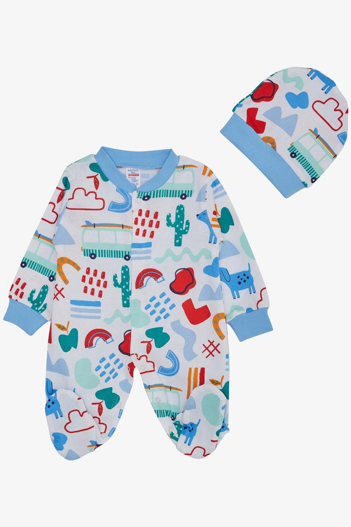 BRE Breeze Baby Boy Footed Romper with Dog Print Pattern 0-6 Months, White - Abertawe