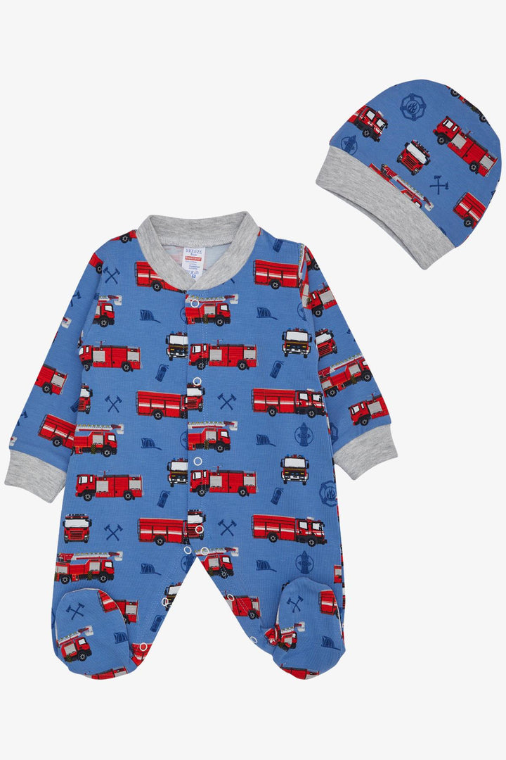 BRE Breeze Baby Boy Footed Romper with Fire Truck Pattern 0-6 Months, Indigo - Arlington Heights