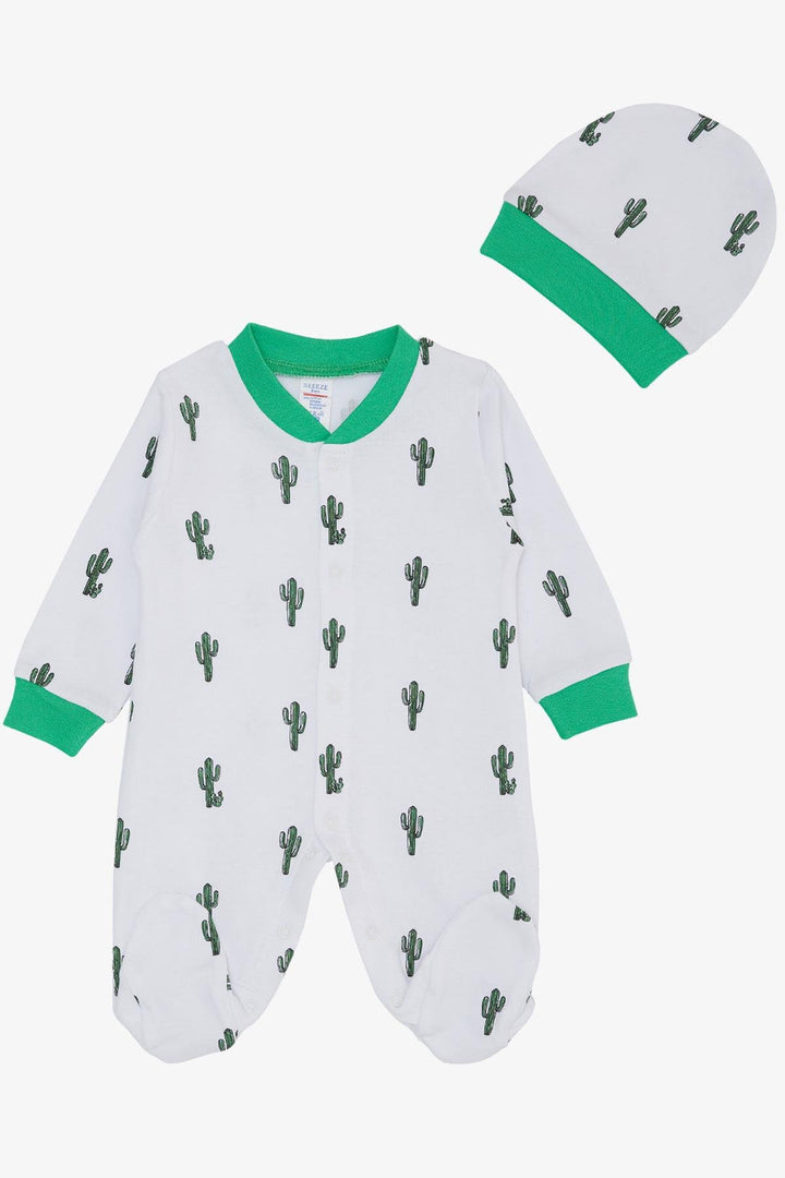 BRE Breeze Baby Boy Romper with Socks Cactus Pattern 0-6 Months, White - Graz