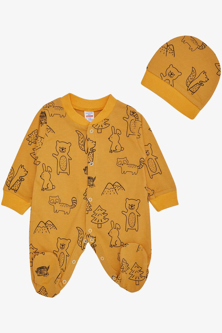 BRE Breeze Baby Boy Footed Romper Forest Themed with Cute Animals Pattern 0-6 Months, Mustard Yellow - Nizhyn