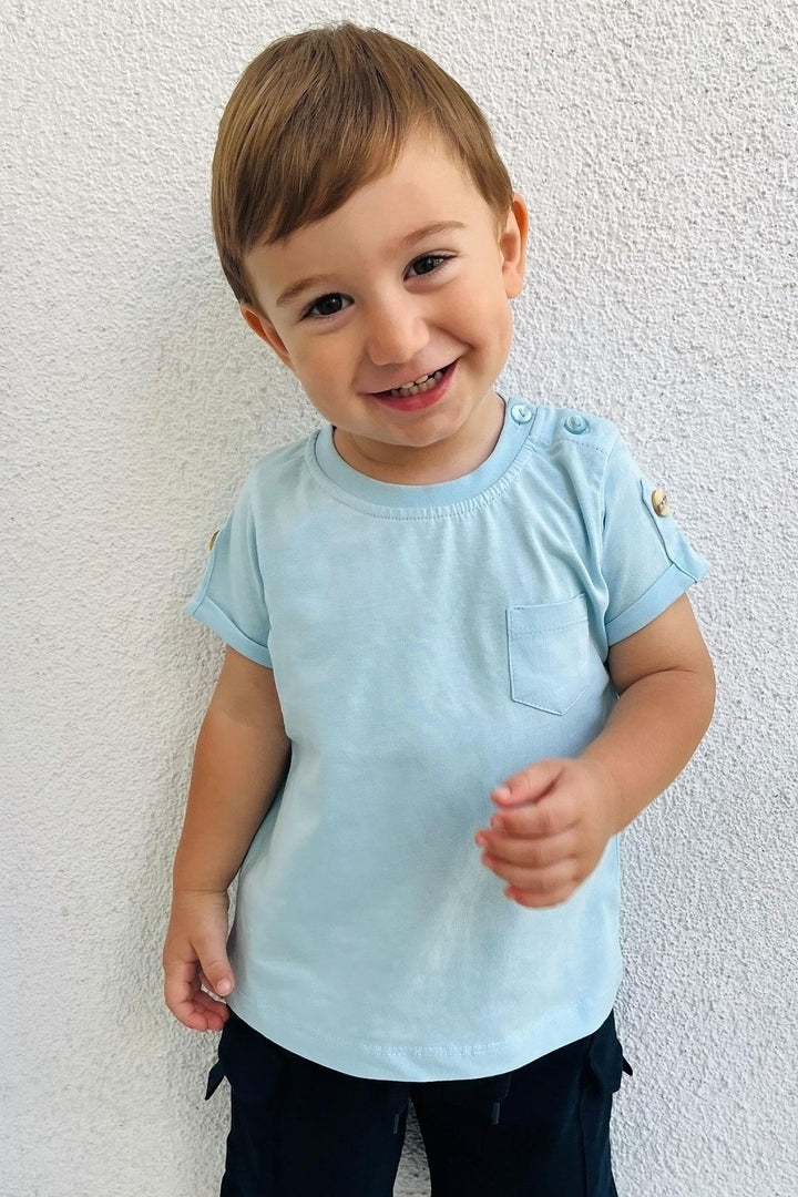 BRE Breeze Baby Boy T-shirt with Pocket Sleeves Button Accessorized 9 Months-3 Years, Light Blue - Brindisi