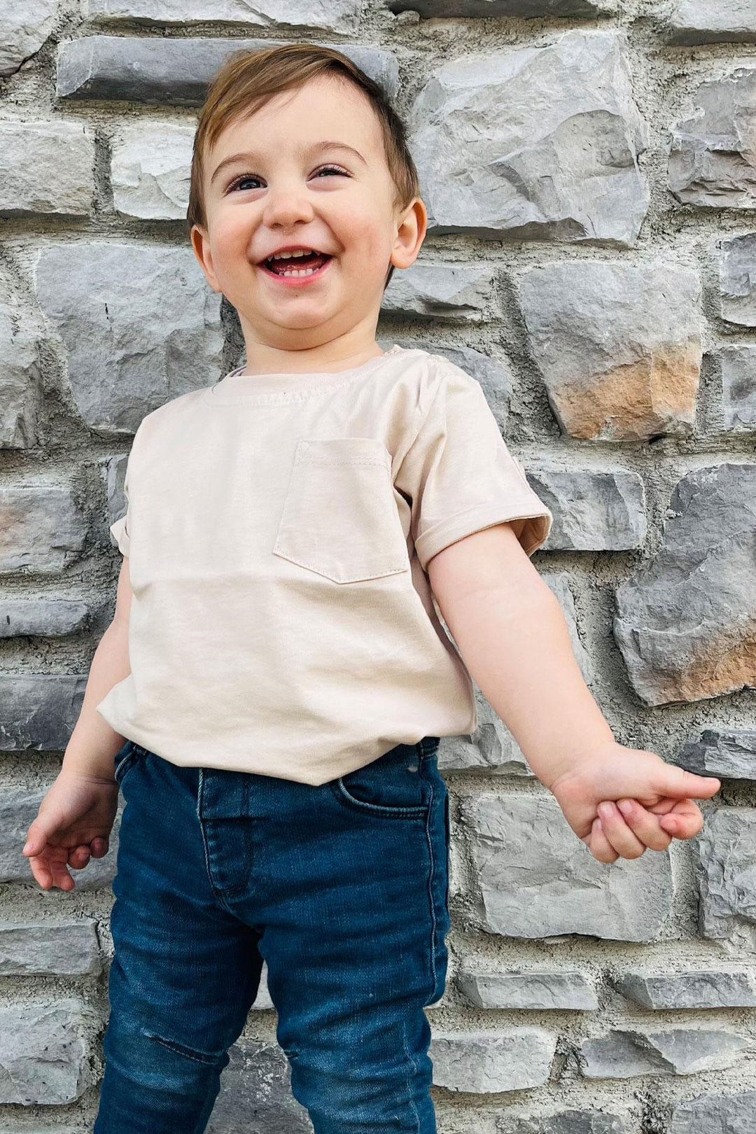 BRE Breeze Baby Boy T-shirt with Pocketed Sleeves Button Accessory 9 Months-3 Years, Beige - Newbury