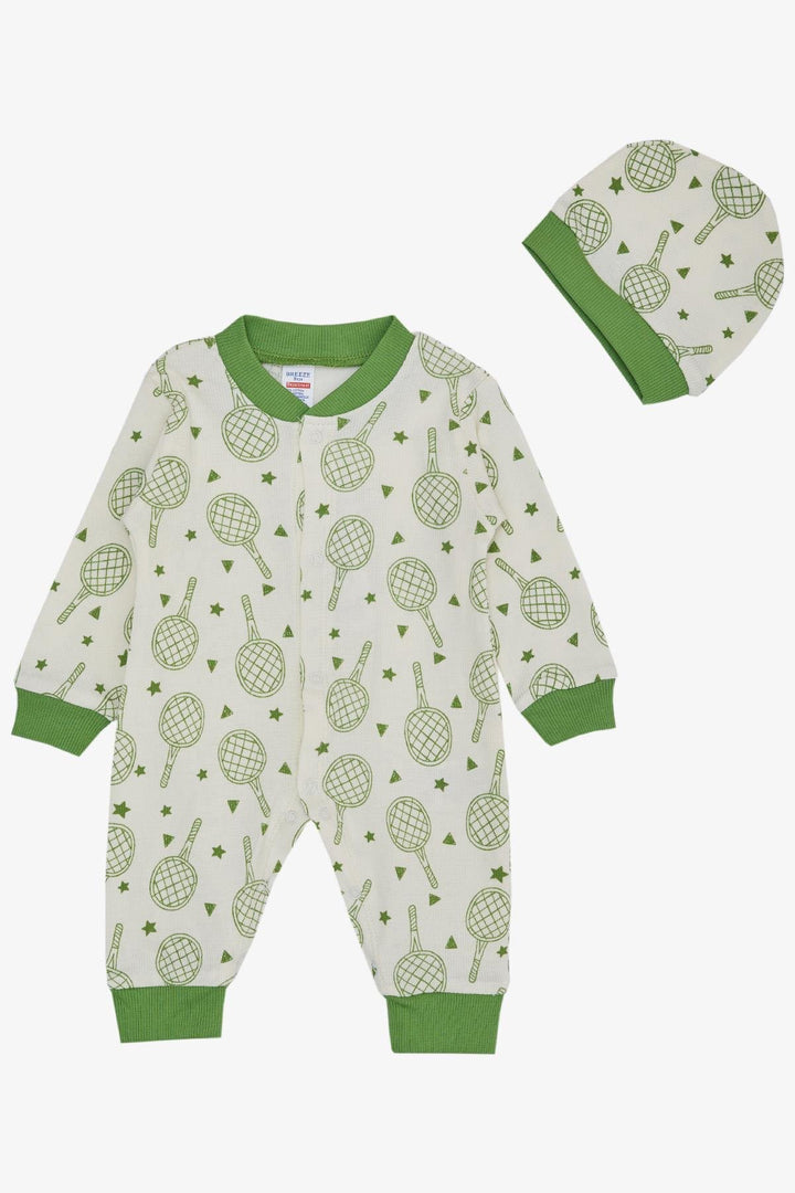 BRE Breeze Baby Boy Romper Sports Themed Racket Patterned 0-6 Months, Ecru - Des Plaines