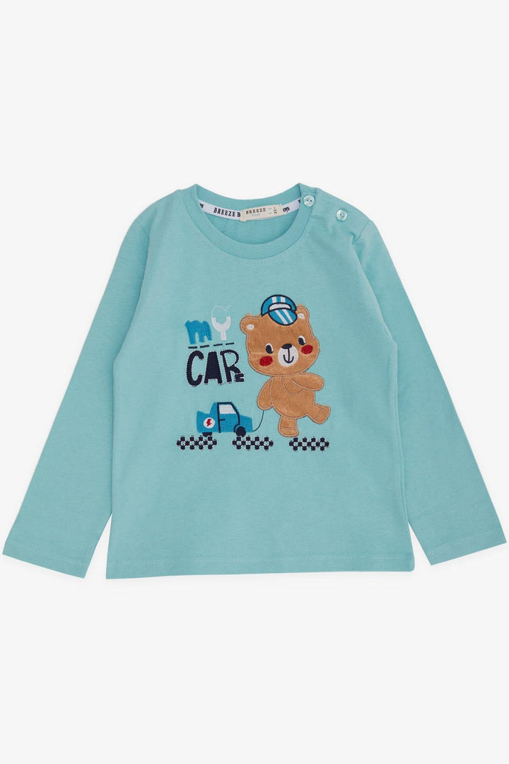 BRE Breeze Baby Boy Long Sleeve T-Shirt with Bear Print Embroidered Text 9 Months-3 Years, Turquoise - Swadlincote