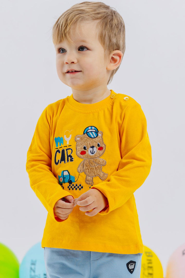 BRE Breeze Baby Boy Long Sleeve T-Shirt with Bear Print Embroidered Text 9 Months-3 Years, Yellow - Rueil-Malmaison