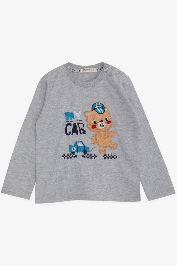 BRE Breeze Baby Boy Long Sleeve T-Shirt with Bear Print Embroidered Writing 9 Months-3 Years, Grey Melange - Brixton