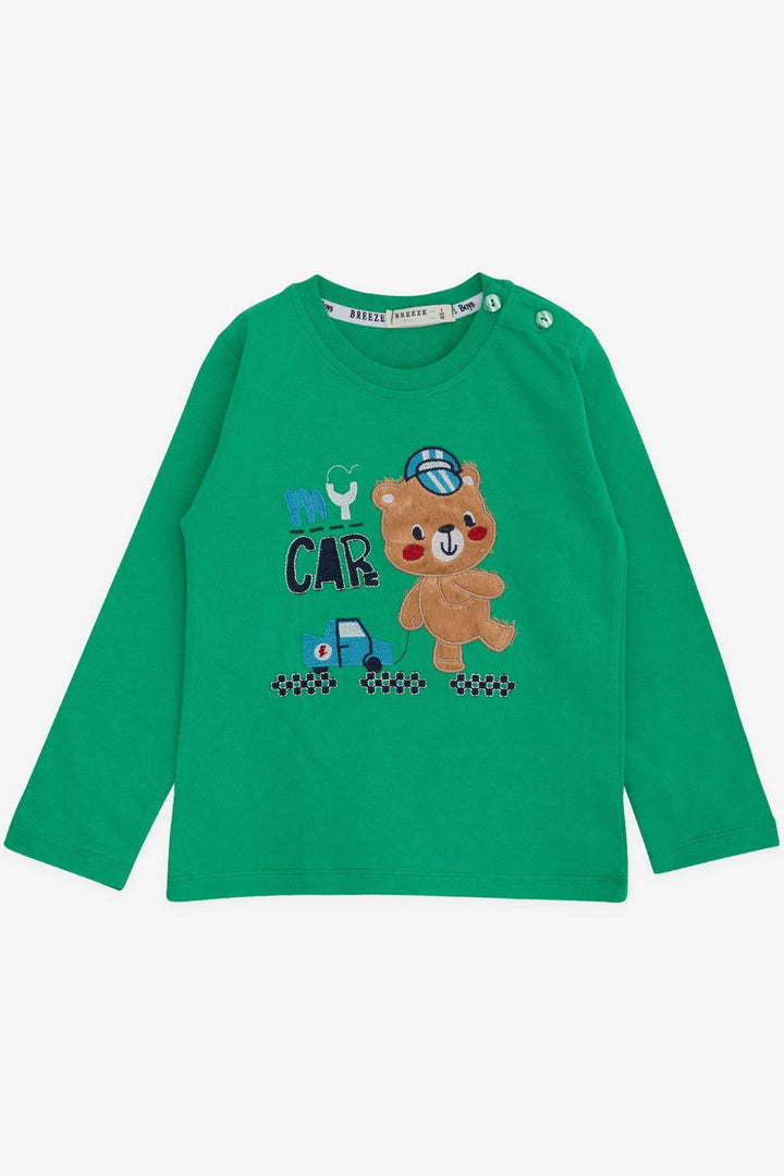 BRE Breeze Baby Boy Long Sleeve T-Shirt with Bear Print Embroidered Writing 9 Months-3 Years, Green - Hollywood