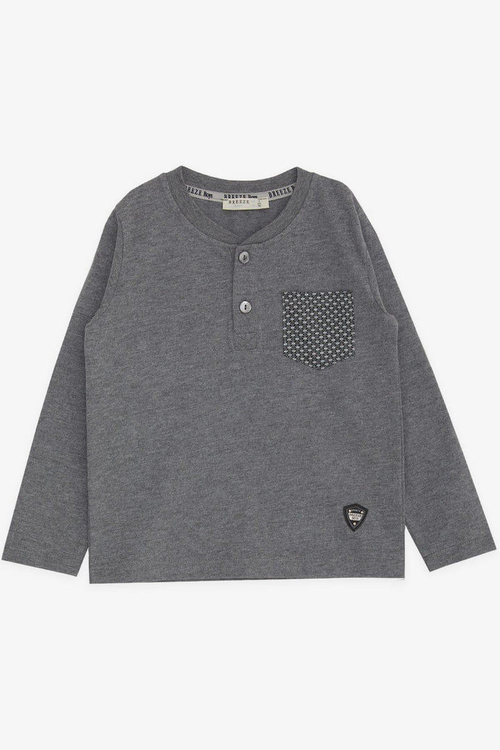 BRE Breeze Baby Boy Long Sleeve T-Shirt with Pocket Buttoned Arm Logo 9 Months-3 Years, Dark Grey Melange - Montélimar