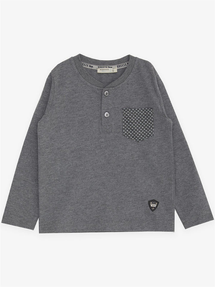 BRE Breeze Baby Boy Long Sleeve T-Shirt with Pocket Buttoned Arm Logo 9 Months-3 Years, Dark Grey Melange - Montélimar