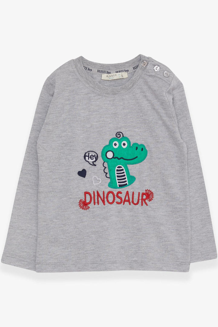 BRE Breeze Baby Boy Long Sleeve T-Shirt with Dinosaur Embroidery 9 Months-3 Years, Grey Melange - Sfântu-Gheorghe