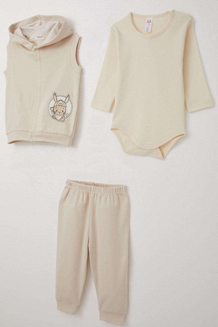 BRE Breeze Baby Boy Bodysuit 3-Piece Set Cute Bunny Embroidered 4 Months Year, Beige - Valenciennes