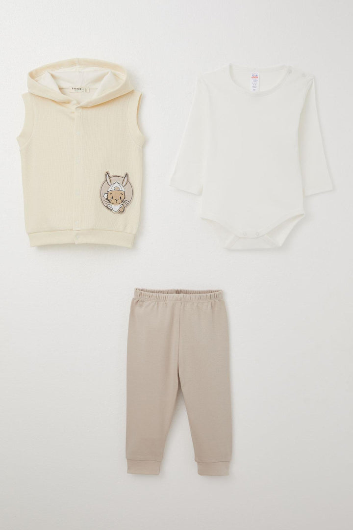 BRE Breeze Baby Boy Bodysuit 3-Piece Set Cute Bunny Embroidered 4 Months Year, Cream - Meaux