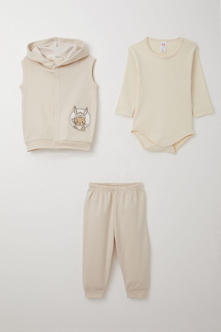 BRE Breeze Baby Boy Bodysuit 3-Piece Set Cute Bunny Embroidered 4 Months Year, Beige - Valenciennes