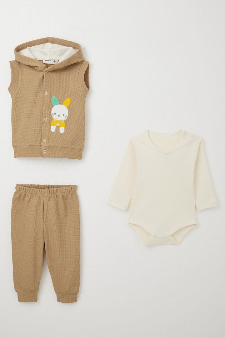 BRE Breeze Baby Boy Bodysuit 3-Piece Set Cute Bunny Embroidered Hooded 4 Months Year, Dark Beige - Thornton