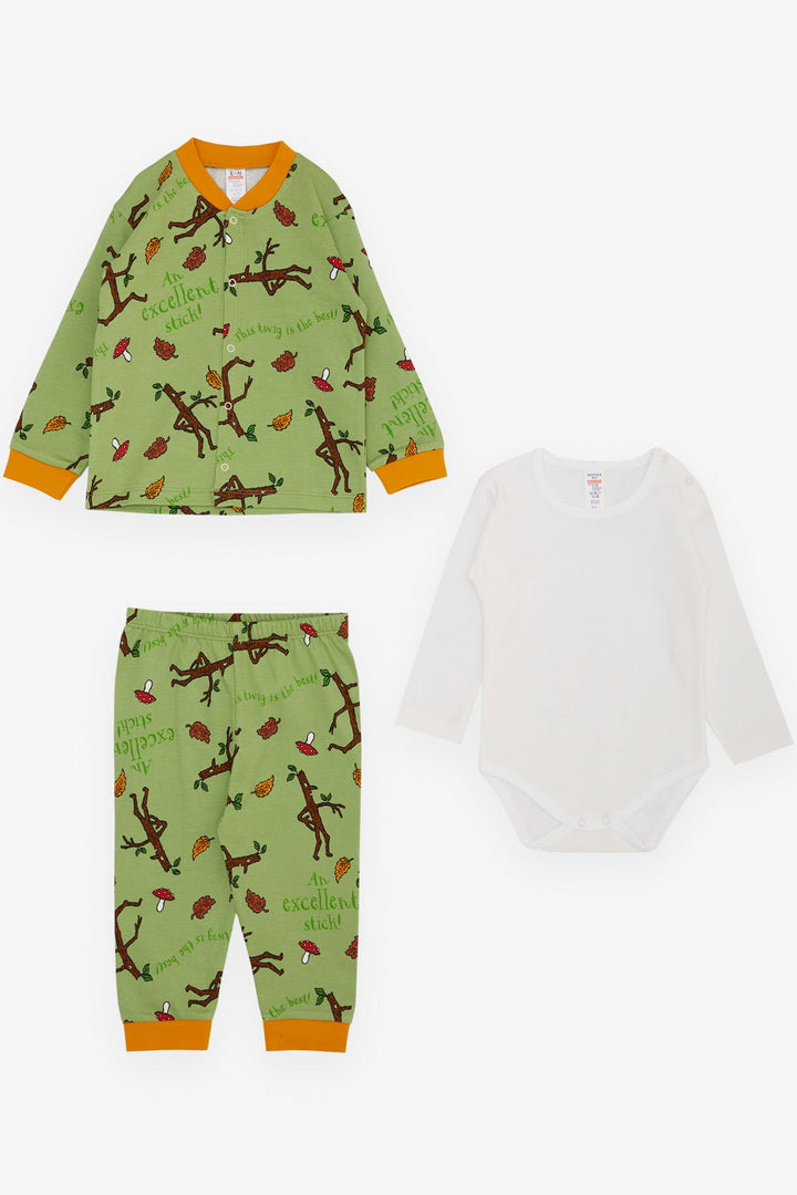 BRE Breeze Girls & Boys Baby Boy 3-Piece Set with Forest Themed Cute Branch Figure, 4 Months Year, Green - Marl