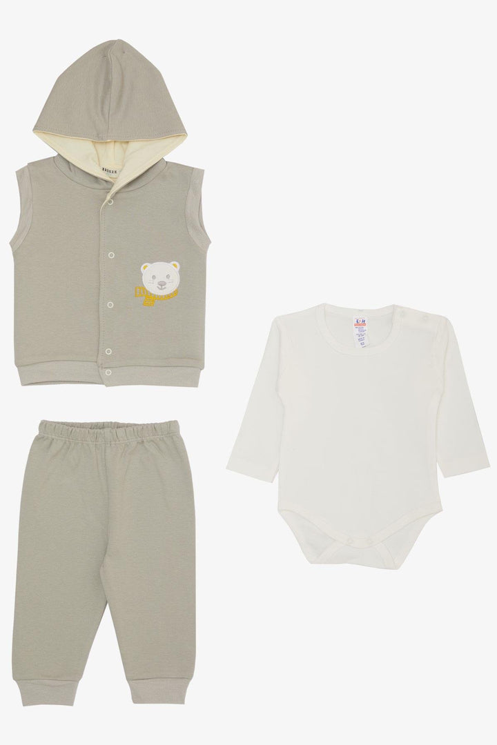 BRE Breeze Baby Boy Bodysuit 3-Piece Set Cute Bear Embroidered Hooded 4 Months Year, Light Grey - Tigard