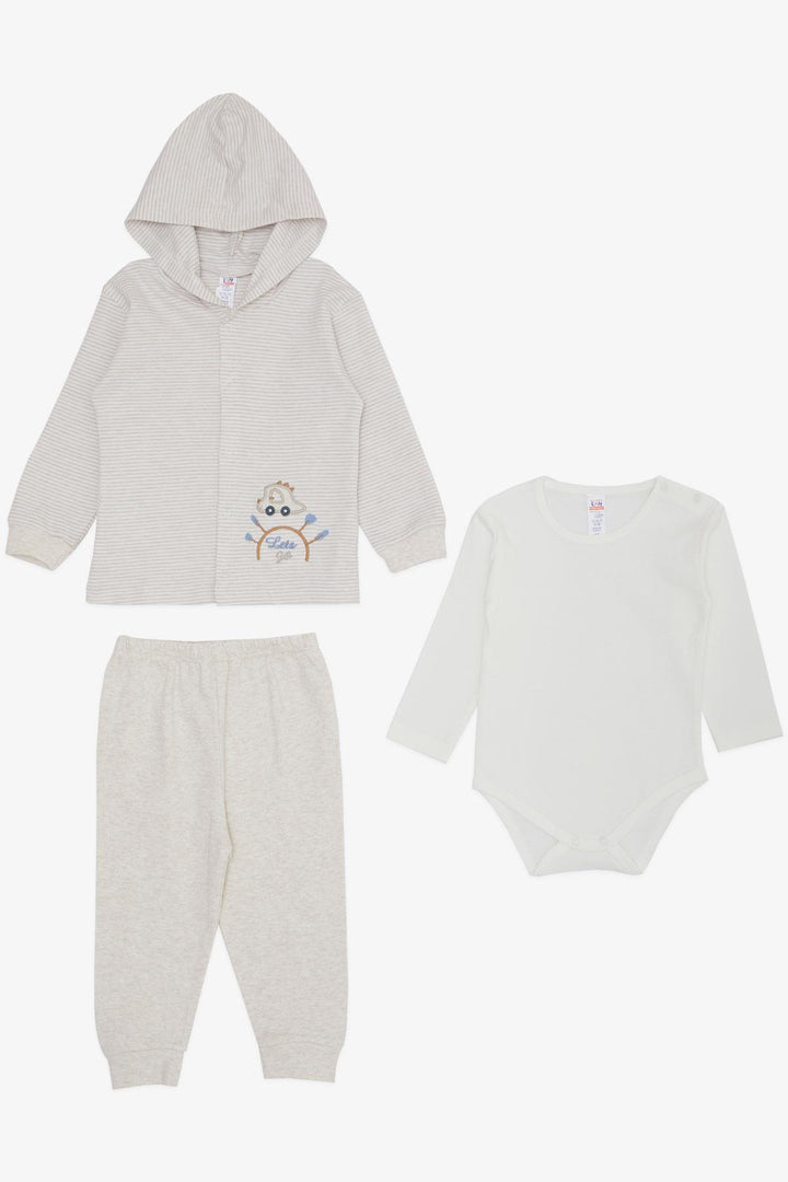 BRE Breeze Baby Boy Bodysuit 3-Piece Set Travel Themed Car Embroidered 4 Months Year, Beige Melange - Tudela