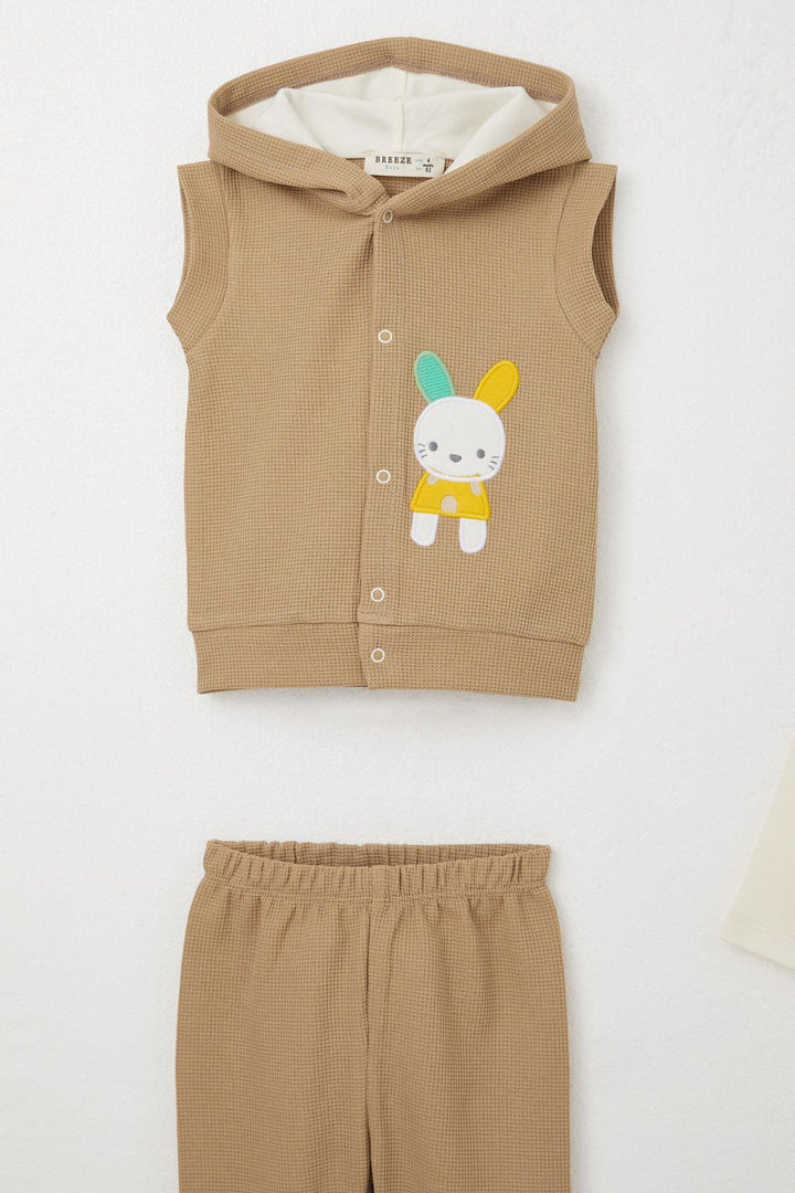 BRE Breeze Baby Boy Bodysuit 3-Piece Set Cute Bunny Embroidered Hooded 4 Months Year, Dark Beige - Thornton