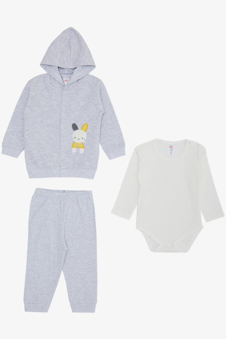 BRE Breeze Baby Boy Bodysuit 3-Piece Set with Cute Bunny Embroidery Hooded 4 Months Year, Light Gray Melange - Khartsyzk