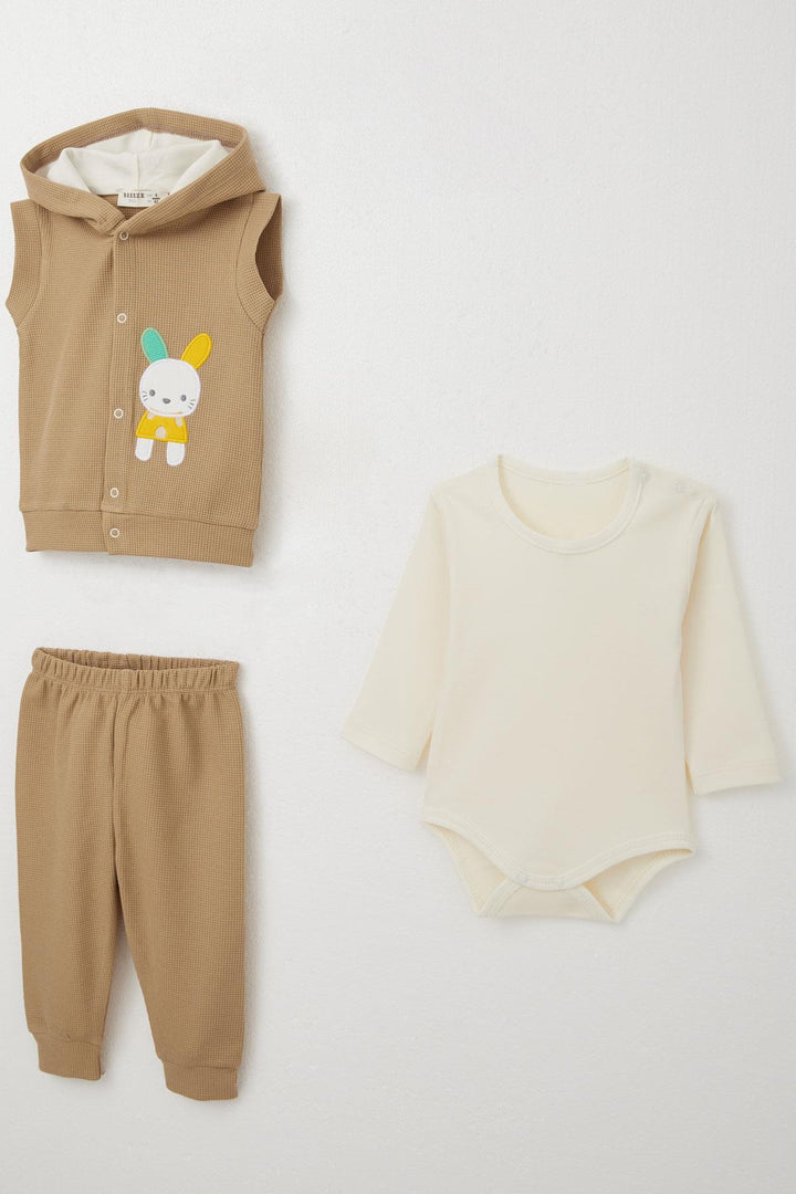 BRE Breeze Baby Boy Bodysuit 3-Piece Set Cute Bunny Embroidered Hooded 4 Months Year, Dark Beige - Thornton