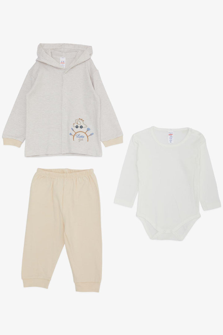 BRE Breeze Baby Boy Bodysuit 3-Piece Set Travel Themed Car Embroidered 4 Months Year, Beige Melange - Haarlem