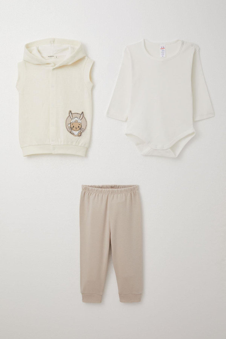 BRE Breeze Baby Boy Bodysuit 3-Piece Set Cute Bunny Embroidered 4 Months Year, Ecru - Luxembourg