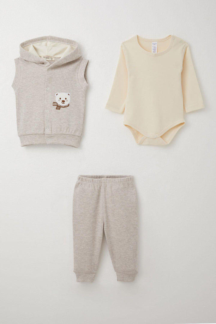 BRE Breeze Baby Boy Bodysuit 3-Piece Set Cute Bear Embroidered Hooded 4 Months Year, Beige Melange - Zacatecas