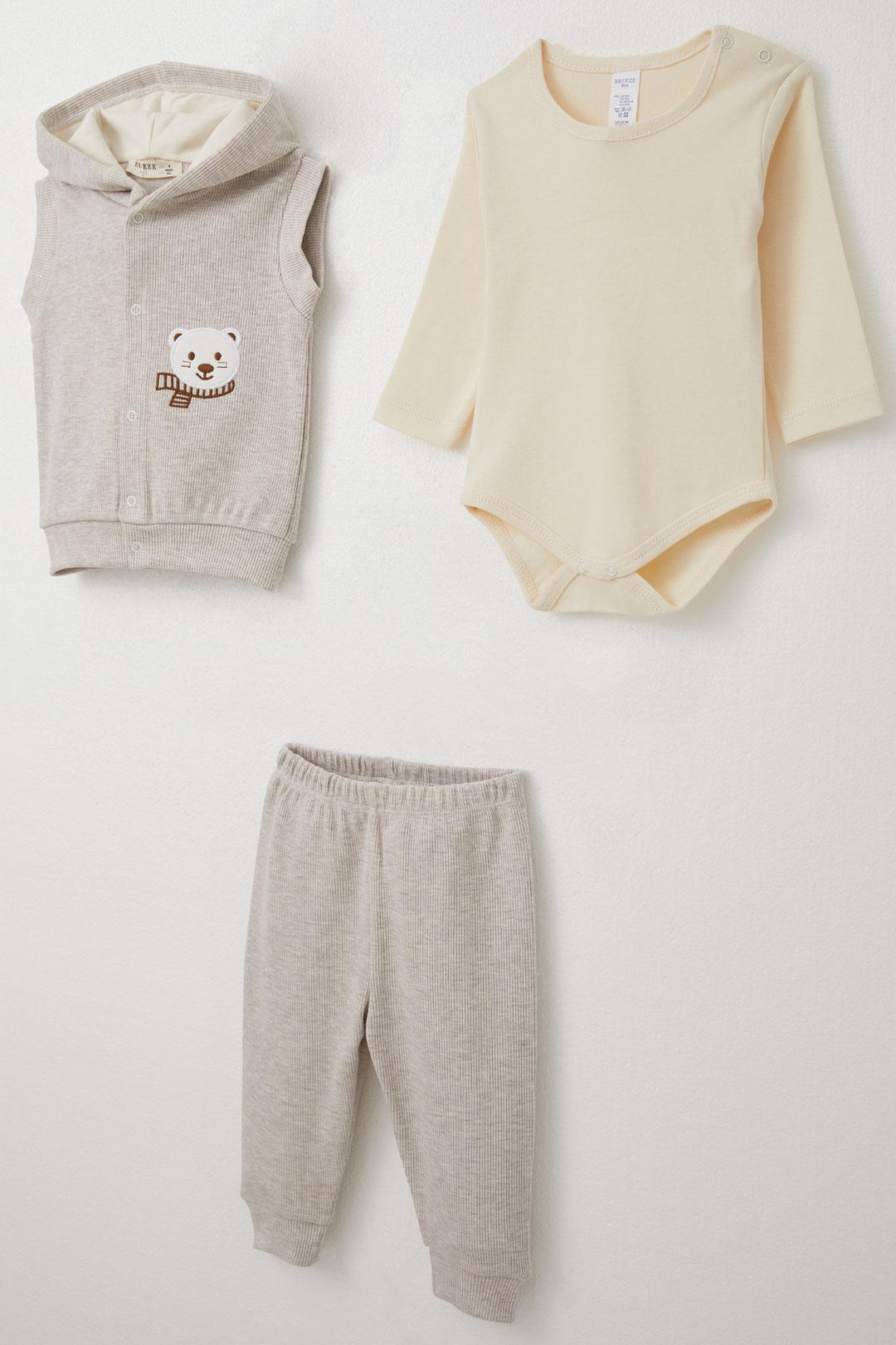 BRE Breeze Baby Boy Bodysuit 3-Piece Set Cute Bear Embroidered Hooded 4 Months Year, Beige Melange - Zacatecas