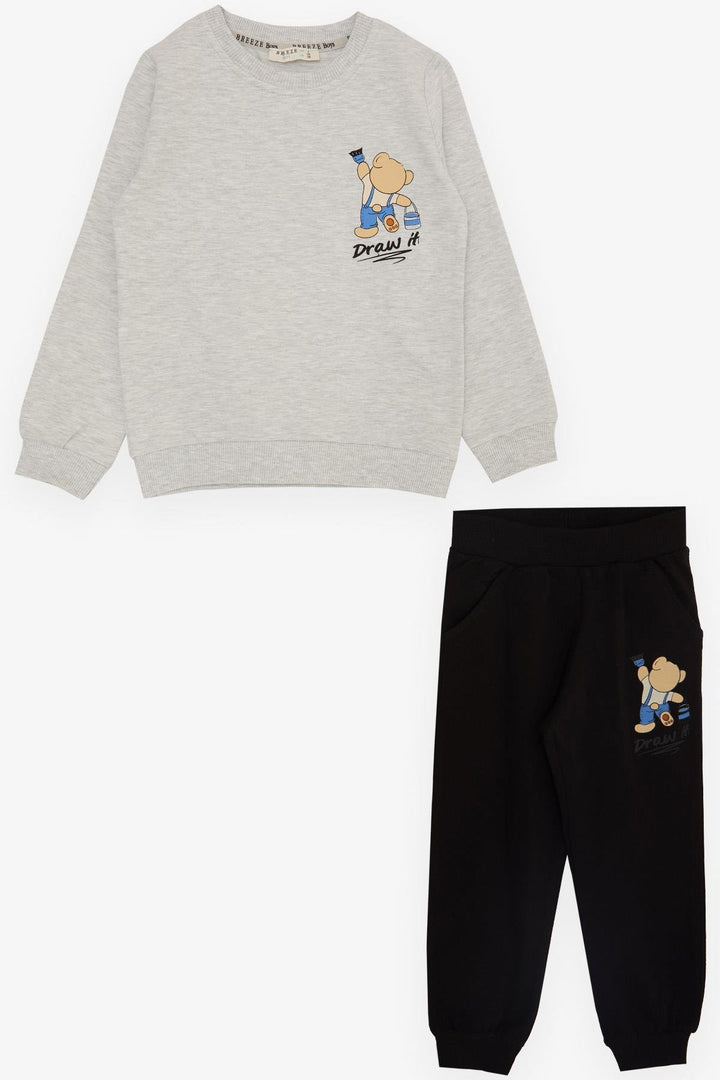 BRE Breeze Boys' Tracksuit with Painter Bear Print, 1-4 Years, Light Grey Melange - Winter Springs