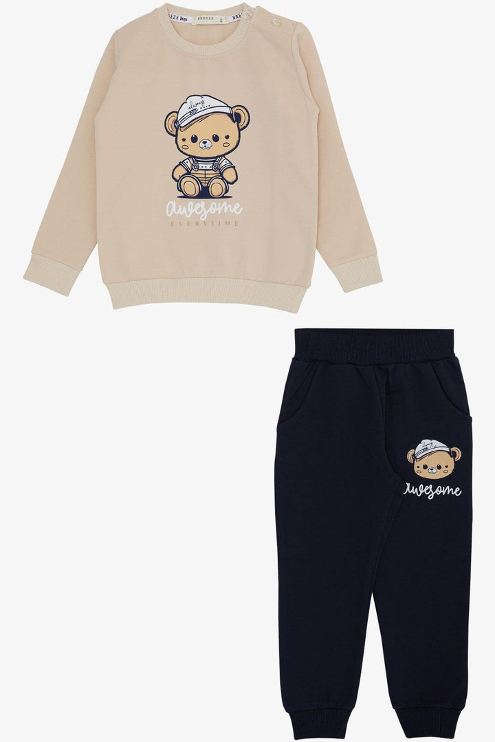 BRE Breeze Boys' Sweat Suit Thoughtful Cute Bear Printed 1-4 Years, Beige - Cambridge