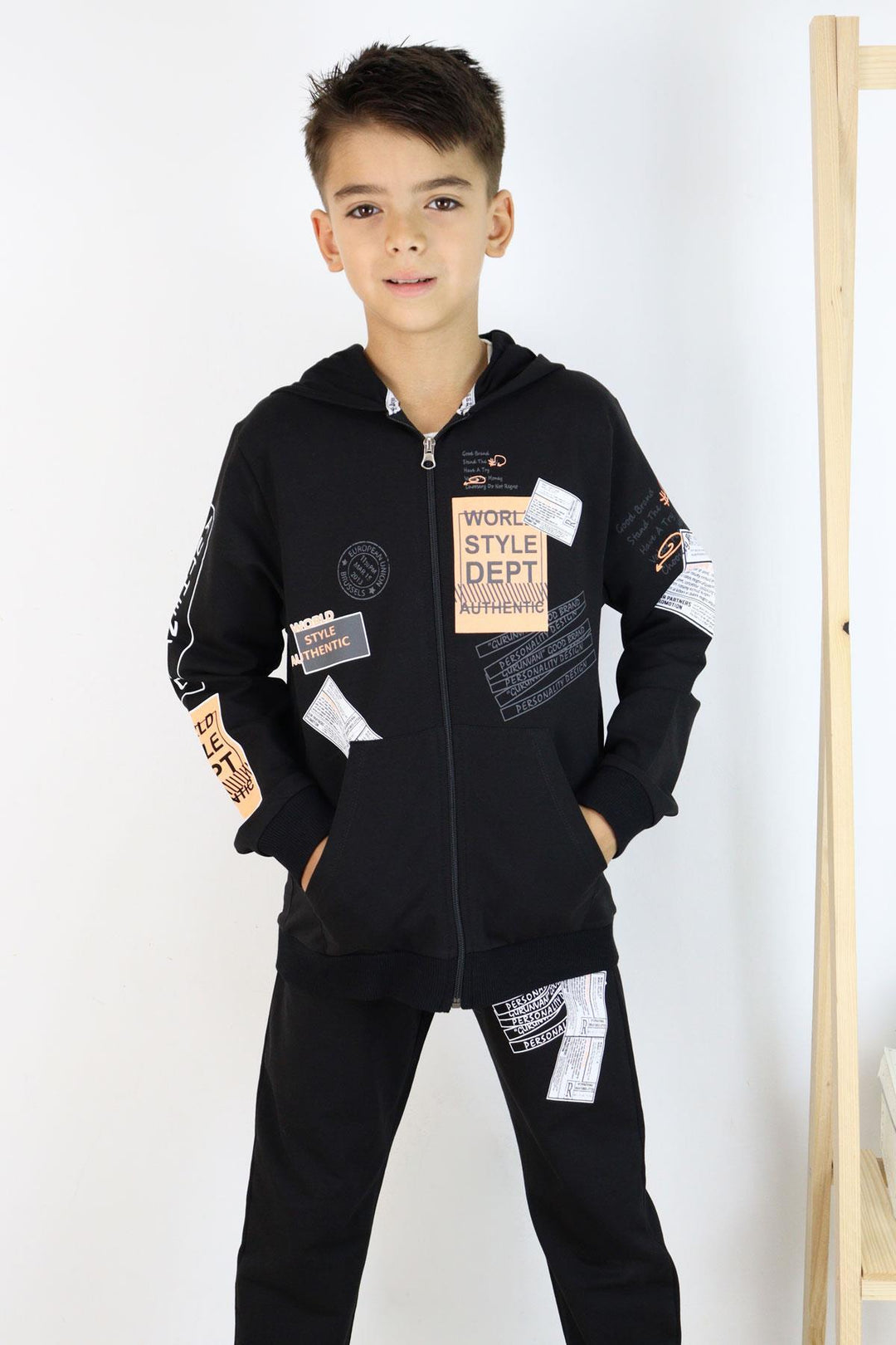 BRE Breeze Boys' Tracksuit with Hood Printed with Writing 72 Years, Black - Mitcham