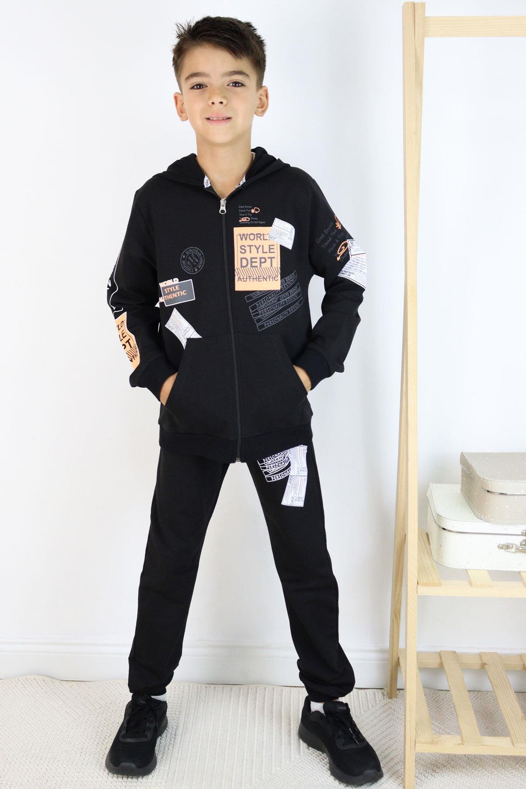 BRE Breeze Boys' Tracksuit with Hood Printed with Writing 72 Years, Black - Mitcham