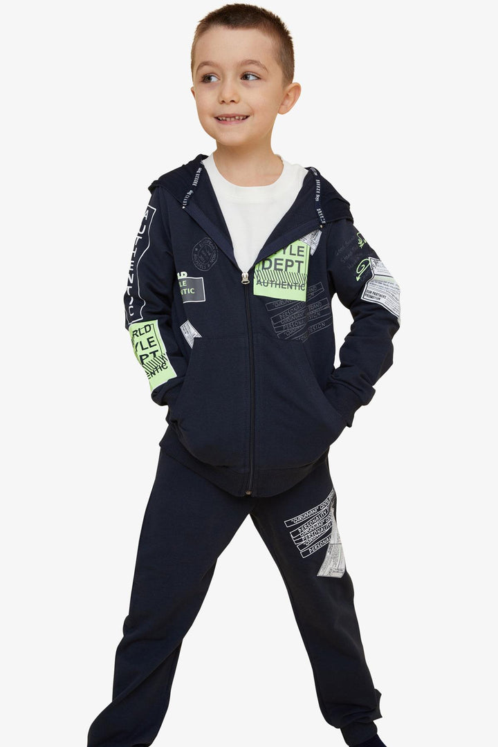 BRE Breeze Boys' Tracksuit with Hood Printed with Writing 72 Years, Navy Blue - Wesseling