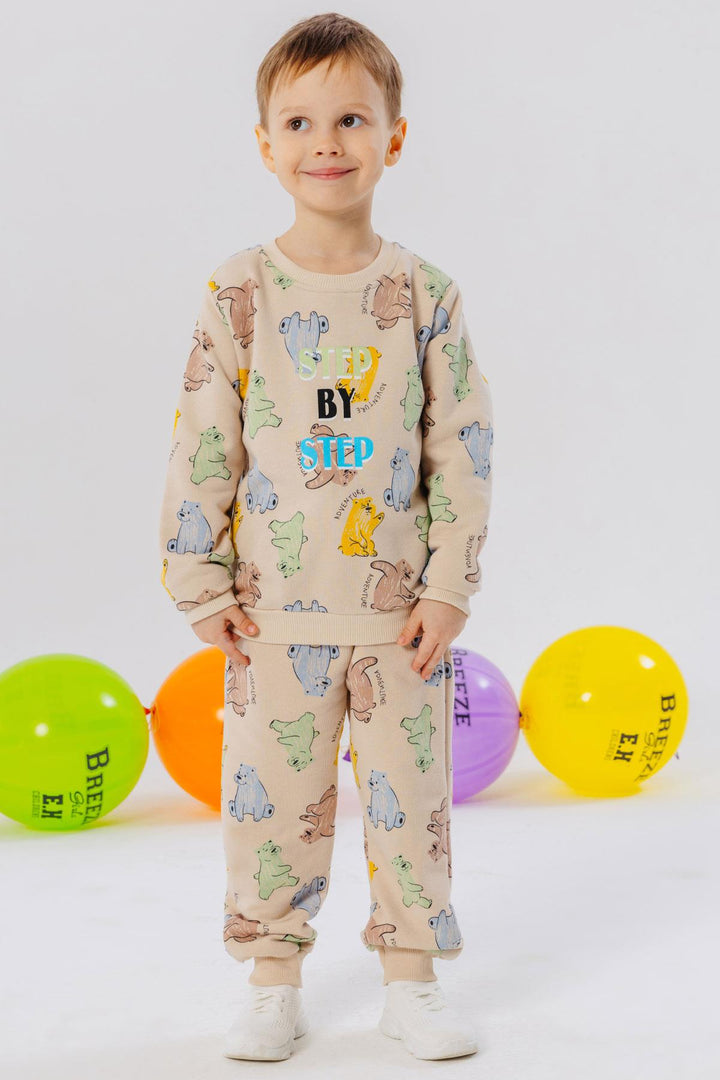 BRE Breeze Boys' Tracksuit Colorful Cute Bear Patterned 1.5-5 Years, Beige - Odessa