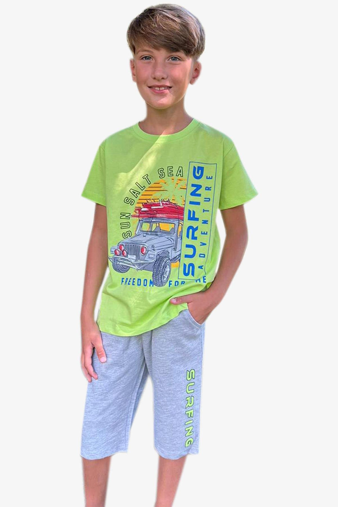 BRE Breeze Boys' Shorts Set with Car Print, Pistachio Green, 50 Years - Formigine