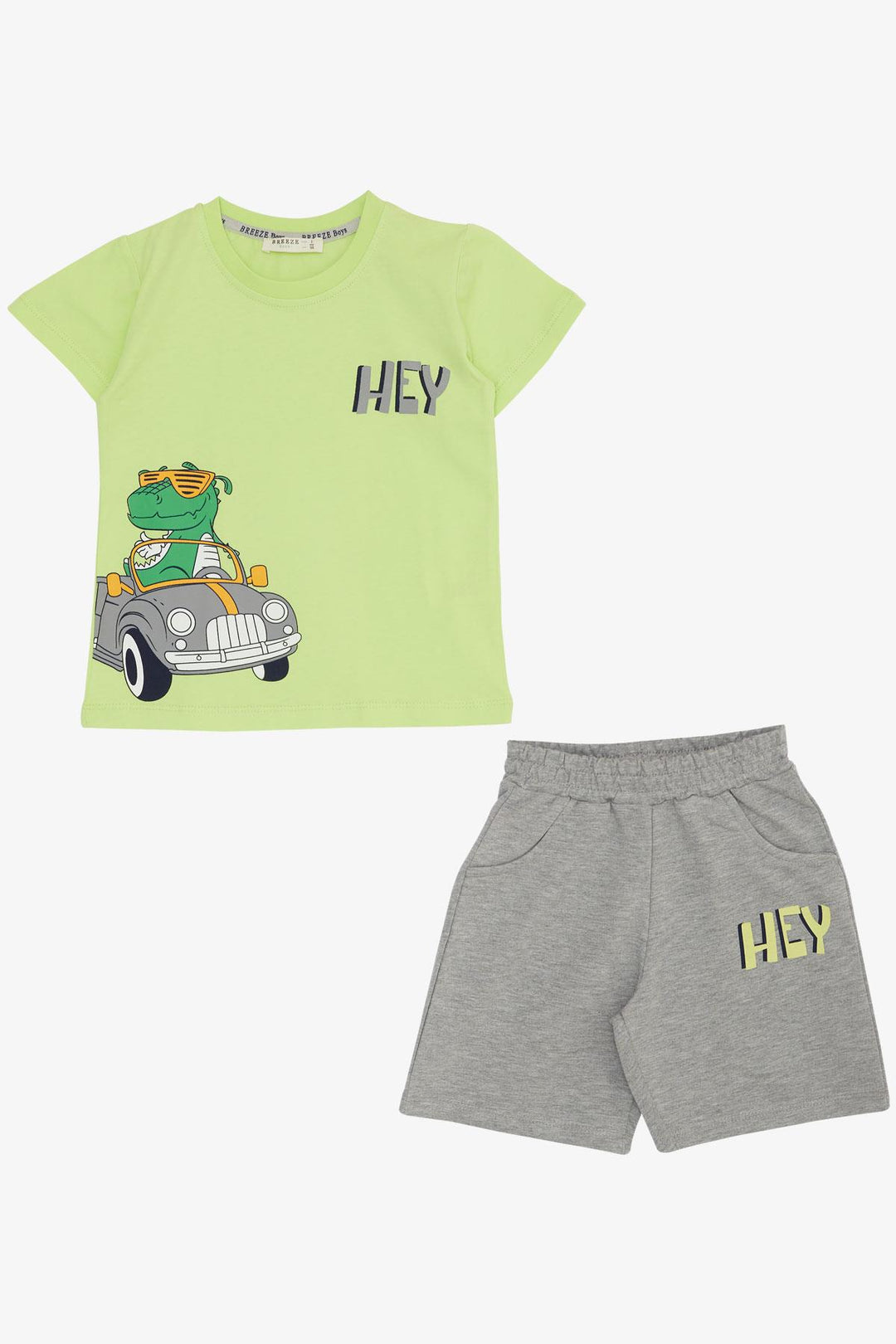 BRE Breeze Boys' Shorts Set Cool Dinosaur Printed with Car Driving 1.5-5 Years, Pistachio Green - Pinotepa